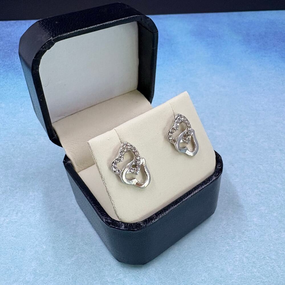 Vintage Silver Tone Double Heart Rhinestone Stud Earrings Openwork Love Jewelry